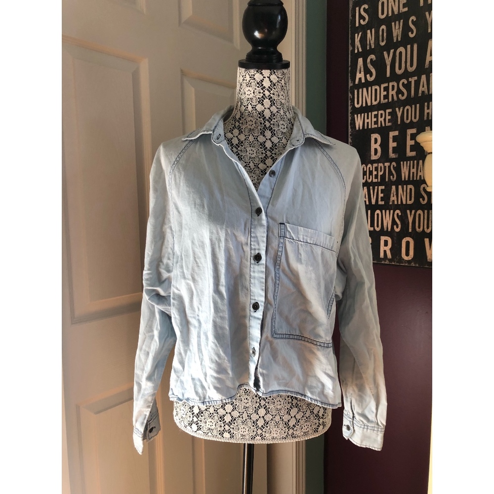 LNA Light Wash Denim Cropped Oversized Button Down